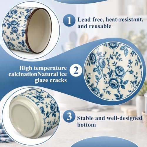 Rustic Ceramic Utensil Holder Blue Rose 5.5" (Blue Rose / 5.5" / Rustic)