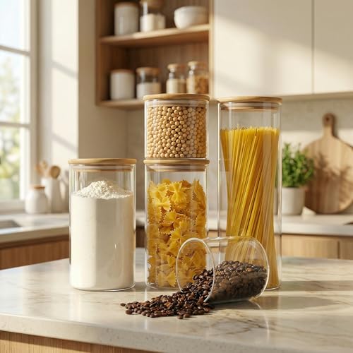 45 oz Round Glass Food Storage Containers with Airtight Bamboo Lids (45oz 3 Pack)