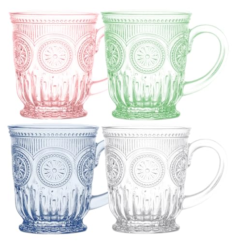 Multicolor Glass Mugs Set of 4 Hobnail Coffee Mugs 10 oz (Multi-colored Blue, Green, Clear and Pink)