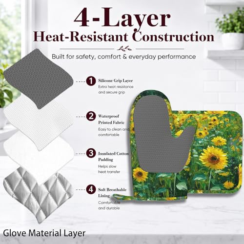 Vintage Sunflower Oven Mitts and Pot Holders Sets Flower Oil Painting Silicone Heat Resistant Kitchen Oven Gloves Pot Holder for Cooking Baking Grilling BBQ (Vintage Sunflower)