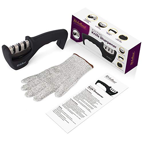 4-in-1 Kitchen Knife Accessories: 3-Stage Knife Sharpener Helps Repair, Restore, Polish Blades and Cut-Resistant Glove (Black) (Black)