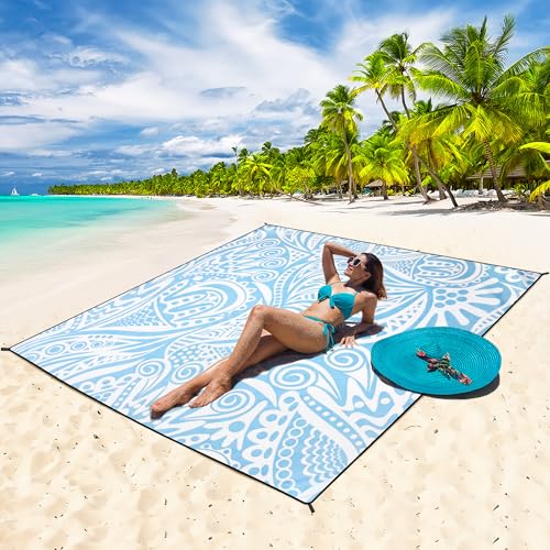 Waterproof Sandproof Beach Blanket Mat for 1 (79" X 83"（1~3 person） / Floral Water Ripple - Light Blue)