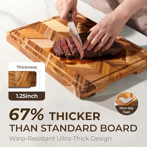 Teak Wood Cutting Board for Kitchen Extra 20'' Large End Grain Heavy Duty Checkered Wooden Cutting Board Non Toxic Herringbone Non Slip Charcuterie Butcher Block Juice Groove Handle Gift Box (20"L x 15"W x 1.25"H)