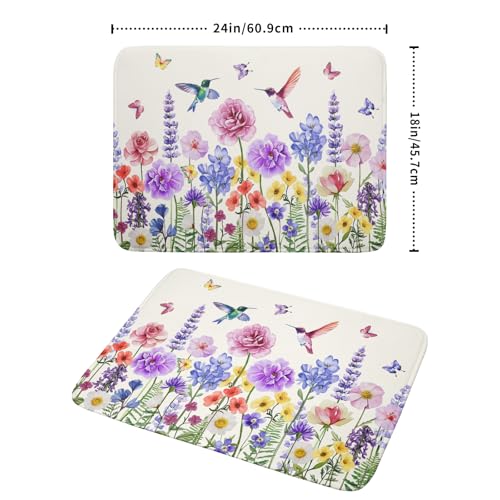Hummingbird Flower Dish Drying Mat 18x24 inch Watercolor Spring Herb Floral Dish Drainer Mats Wildflower Plant Reversible Microfiber Dish Drying Pad for Kitchen Countertop Large Decor (24" x 18")