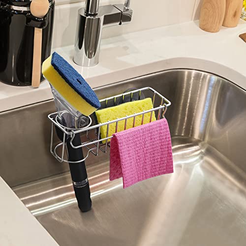 3-In-1 Sponge Holder for Kitchen Sink with Suction Cups & Adhesive Hook , In-sink Sponge Holder, Wall Hanging Sink Caddy Organizer Rack - Sponge, Dish Cloth, Brush, Scrubber - 304 Stainless Steel (3-in-1 / Silver)