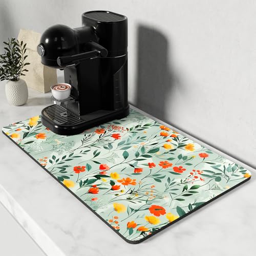 Coffee Mat 12" x 19" Cute Coffee Bar Mats for Espresso Machine Station Accessories and Organizer (Simple Abstract Flowers / 12" x 19")