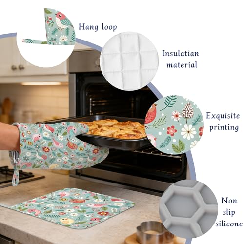 Birds Floral Potholders & Oven Mitts Sets Colourful Flowers Silicone Heat Resistant Oven Mits and Hot Pads Non (Birds Floral,colourful Flowers)