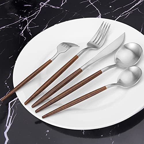 Matte Silver Silverware Set With Brown Handle (Matte Brown Silver)