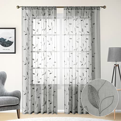 Light Grey Sheer Curtains Leaf Embroidered (52"W x 84"L (Pack of 2) / 3-grey)