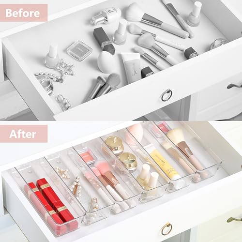 6 Set Clear Plastic Junk Drawer Organizer Vanity Curlery Utensil Makeups Organizer for Kitchen 9''X 3'' (6 Pack 9"x3" Clear Plastic)