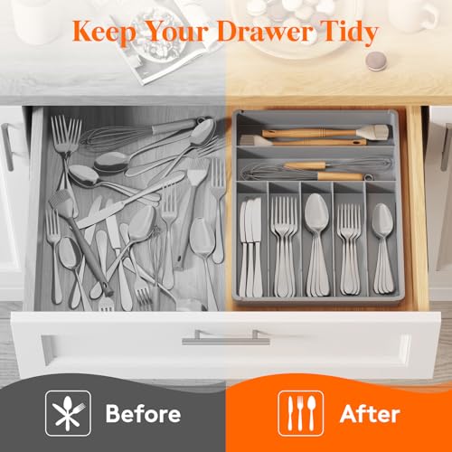 Silverware Drawer Organizer Tray (Gray / 12.3 x 16 inch (7 Slots))