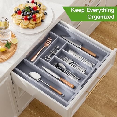 Bamboo Expandable Silverware Drawer Organizer (Grey / Medium)