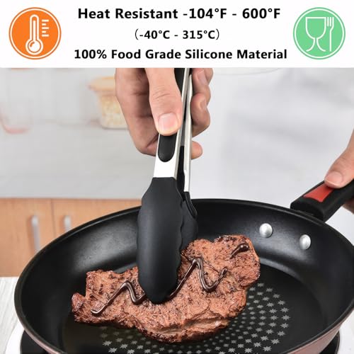 Kitchen Tongs for Cooking with Non (Black / 2Pcs, 9+12 Inch)