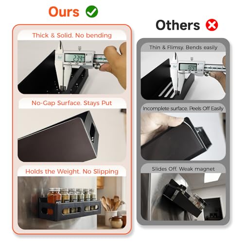 4 Pack Magnetic Spice Rack for Refrigerator with Hooks (Black / 4 Pack)