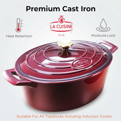 La Cuisine Enameled Cast Iron Oval Dutch Oven Casserole Dish Pot with Lid 5 QT Internal Matt Black Enamel Coating (5.0 QT Oval / Cranberry)