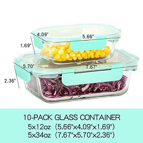 10 Pack] Glass Food Storage Containers with Lids (Light Green)