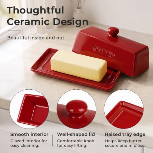 Butter Dish With Lid for Countertop (Red)