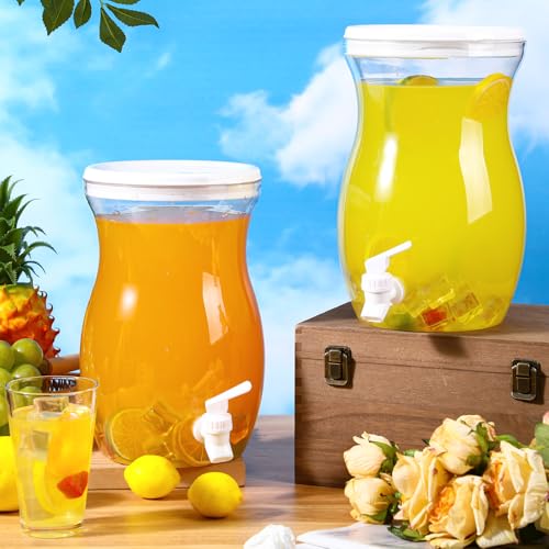 2 Pcs 1 Gallon Plastic Beverage Dispenser with Spigot Clear Summer Kitchen Fridge Drink Dispenser for Parties Lemonade Juice Tea Beer Cold Water (White / Gourd)