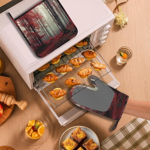 Forest Oven Mitts and Pot Holders Sets Red Trees Landscape Silicone Heat Resistant Kitchen Oven Gloves Pot Holder for Cooking Baking Grilling BBQ (Forest)