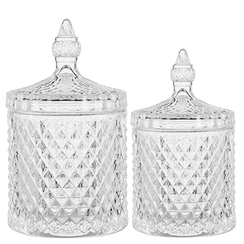 Qtip Holder Glass Apothecary Jars with Lid Bathroom Accessories Vanity Organizers and Makeup Storage for Cotton Swabs (23 oz + 10 oz / Clear)
