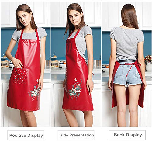 PU Kitchen Oil and Waterproof Aprons for Women with Pocket (Red)