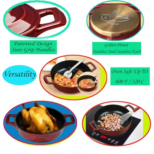 La Cuisine Enameled Cast Iron Braiser Sauté Pan Shallow Dutch Oven with Golden Knob for Lid Internal Matt Black Enamel 3.75 QT 11" (3.75 QT Braiser / Cranberry)