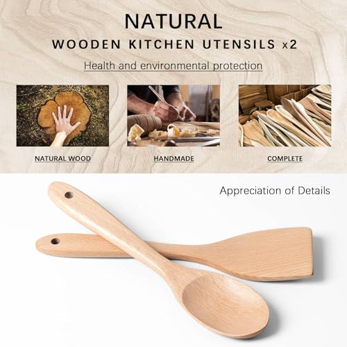 Wooden Spatulas for Cooking (Beech Yellowish / Thick 13" Spoon + Spatula)