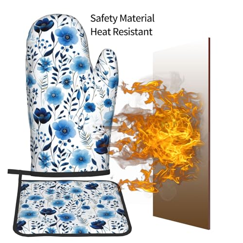 Blue Floral Oven Mitts and Pot Holders Sets of 3 (Blue-floral)