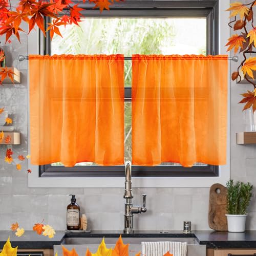 Solid Sheer Rod Pocket Curtain Voile Draperies 2 Panels White Beige Black Ivory Grey 26 Inch Width 30 Inch Long 1 Pair for Kitchen Bedroom Children Living Room Yard (Orange / 26"W x 30"L (Pack of 2))