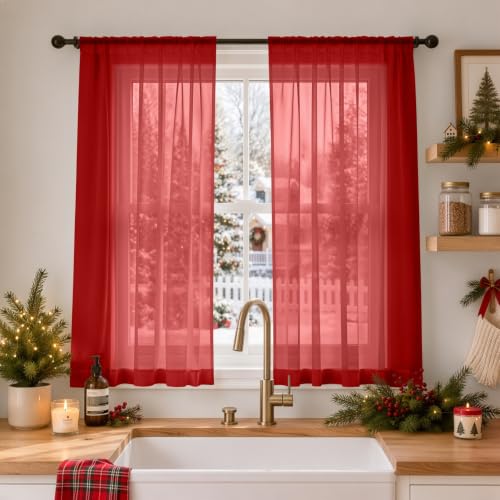 Red Christmas Sheer Curtains 63 Inches Long 4 Panels 42 x 63 Inches (42"W x 63"L (Pack of 4) / Red)