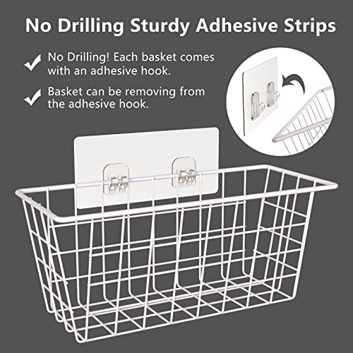 Wall Wire Baskets Adhesive Basket Hanging Kitchen Baskets No Drilling for Cabinet & Pantry Organization and Kitchen (WHITE / 4 PACK)