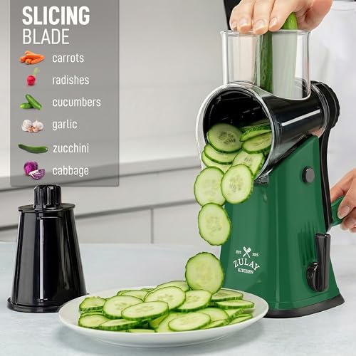 Rotary Cheese Grater Manual Hand Crank 5 Blade Shredder (5 Blades / Green & Black)