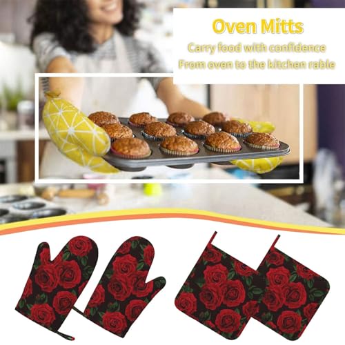 Red Black Rose Flower Oven Mitts and Pot Holders Sets of 4 (Red Black Rose Flower)
