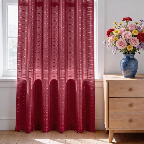 Check Sheer Curtains 72 Inches Long for Living Room (Check - Burgundy / 52"W x 72"L (Pack of 2))