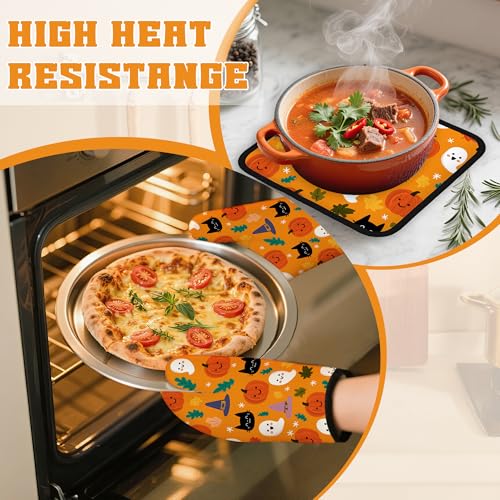 Halloween Pumpkins Oven Mitts and Pot Holders Set (Halloween Pumpkins Ghosts Black Cats)