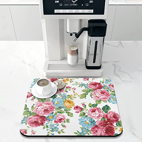 Coffee Bar Mat Accessories for Countertop Absorbent Hide Stain Rubber Backed Dish Drying Mats for Kitchen Counter Draining Pad Decor Gift (Pink Red Roses Floral / 16" x 18")