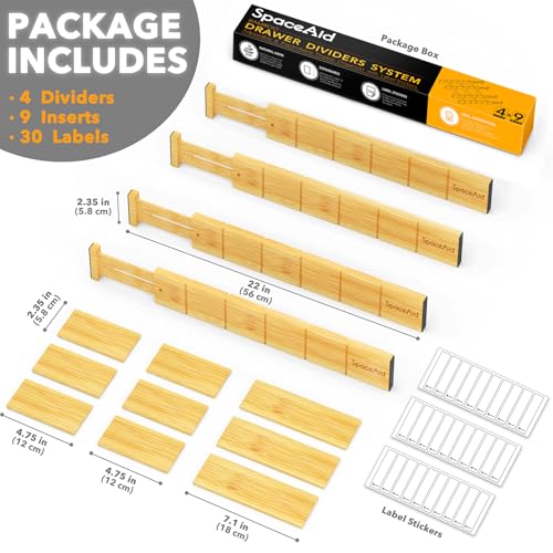 Bamboo Drawer Dividers with Inserts and Labels (2.35''H, 17''-22''L, 4 Dividers / NATURAL)