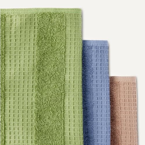 Organic Cotton Waffle Kitchen Dish Cloths (2 Brown, 2 Green, 2 Navy / 12 x 12 inches)