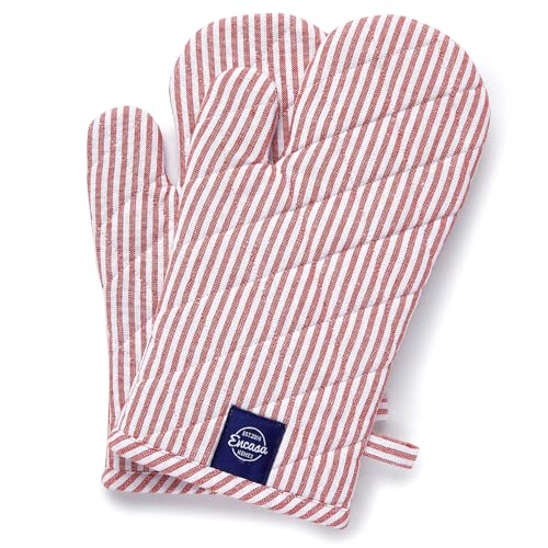 Oven Mitts Heat Resistant Kitchen Gloves (Oven Gloves / Ticking Red)