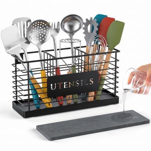 Utensil Holder for Kitchen Counter with Diatomaceous Earth Base (Black-3 Slots)