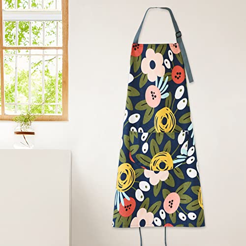 2 Pack Floral Apron for Women with Pockets (Blue/Flowers)