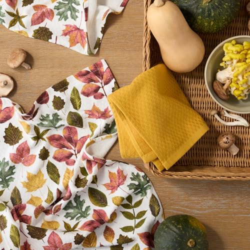 Autumn Harvest Falling Leaves Kitchen Towel 3 (Tan/Red/Green)