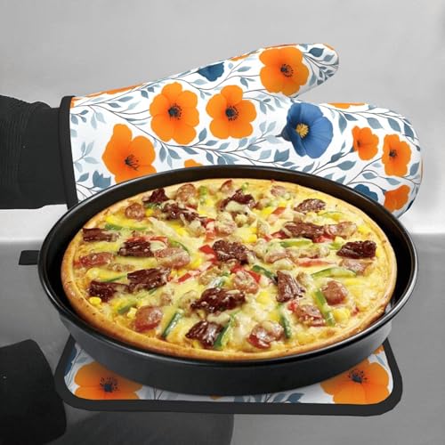 Spring Orange Blue Floral Oven Mitts and Pot Holders Sets of 3 (Orange and Blue Floral)