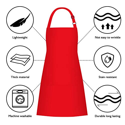 2 Pack 100% Cotton Aprons with 2 Pockets Cooking Chef Kitchen Adjustable Bib Apron for Women Men (Red)