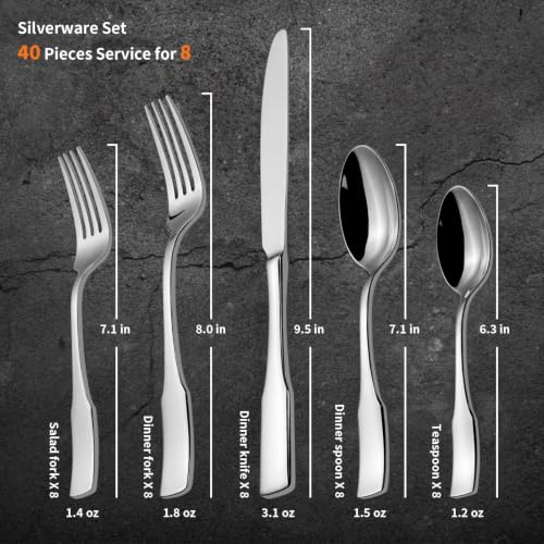Kate 40 Piece Silverware Set (Silver / 40 pieces for 8)
