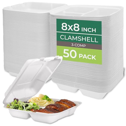Compostable Clamshell Food Containers [8x8"] 3 (8 x 8 Inch [50 Pack])