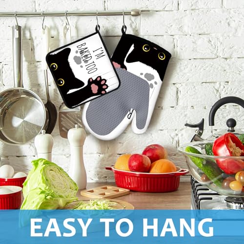 Funny Black Cat Oven Mitts and Pot Holders Sets Heat Resistant 4Pcs Potholders Oven Gloves Hot Pads for Kitchen Baking Cooking Grilling BBQ (Funny Black Cat)