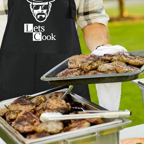 Funny Black Chef Aprons for Men Adjustable BBQ Kitchen Cooking Apron (Lets Cook)