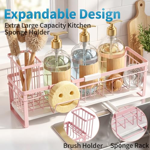 Extra Large Extendable Sponge Holder for Kitchen Sink Caddy Organizer (Pink)