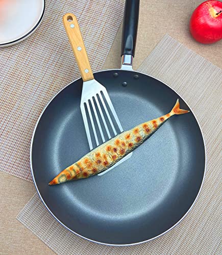 Fish Spatula Set for Nonstick Cookware Flexible Metal Fish Spatula Stainless Steel Small Fish Slotted Spatula Turner with Wood Handle (White, Wood)